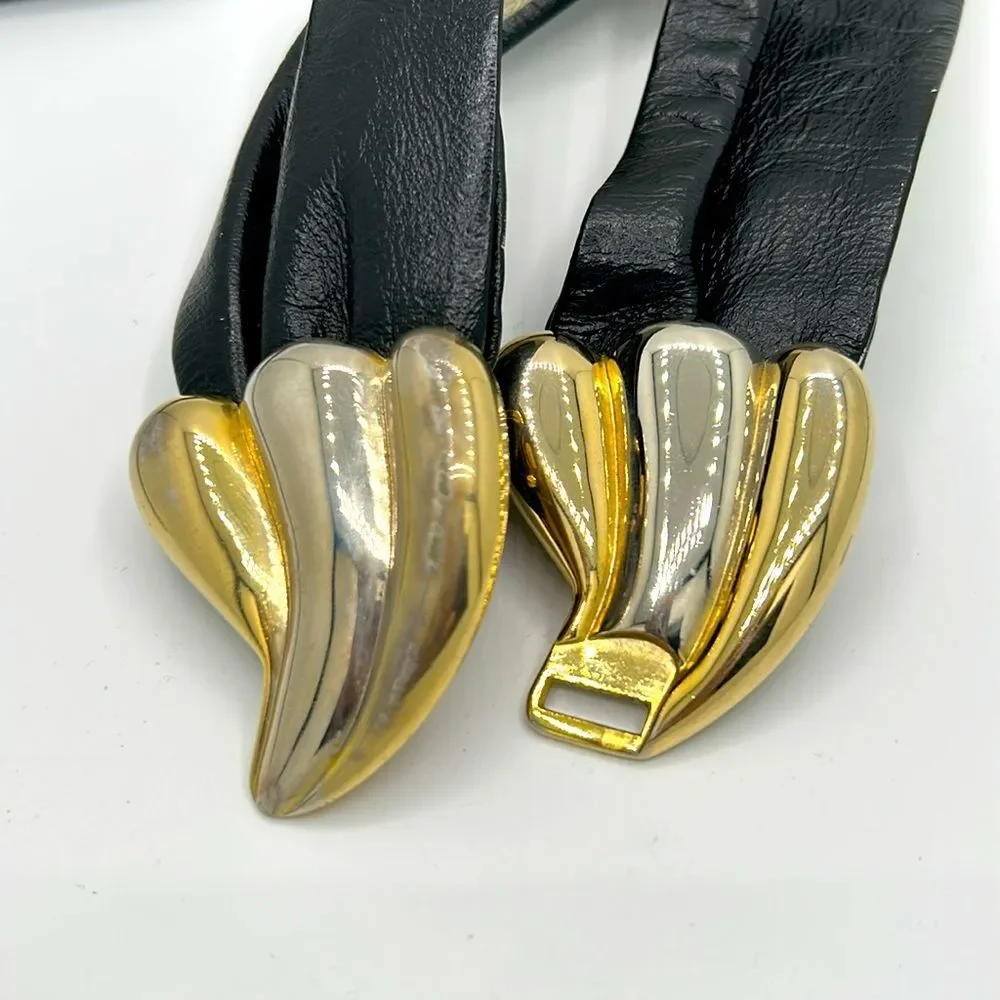 Vintage Black Leather Belt with Gold and Silver Scallop Buckle - Size S